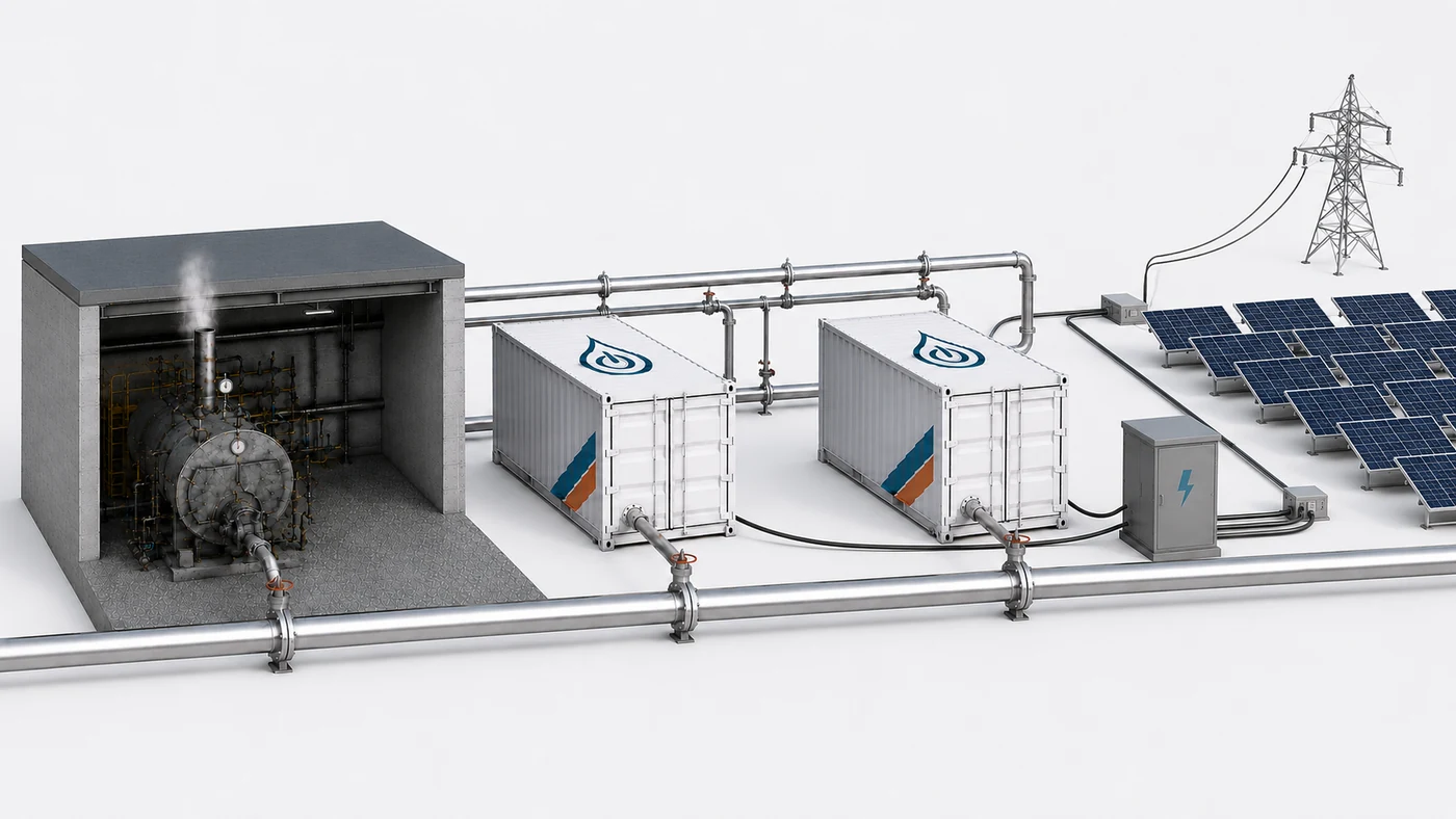 Concept illustration of Airthium heat pump containers connected to a factory boiler, process heat pipes, and the electricity supply